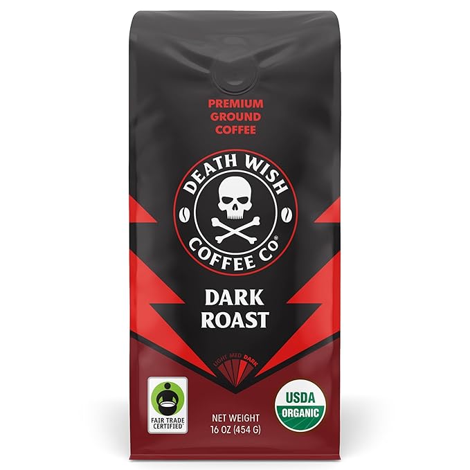 Death Wish Coffee, Organic and Fair Trade Dark Roast Ground Coffee, 16 oz